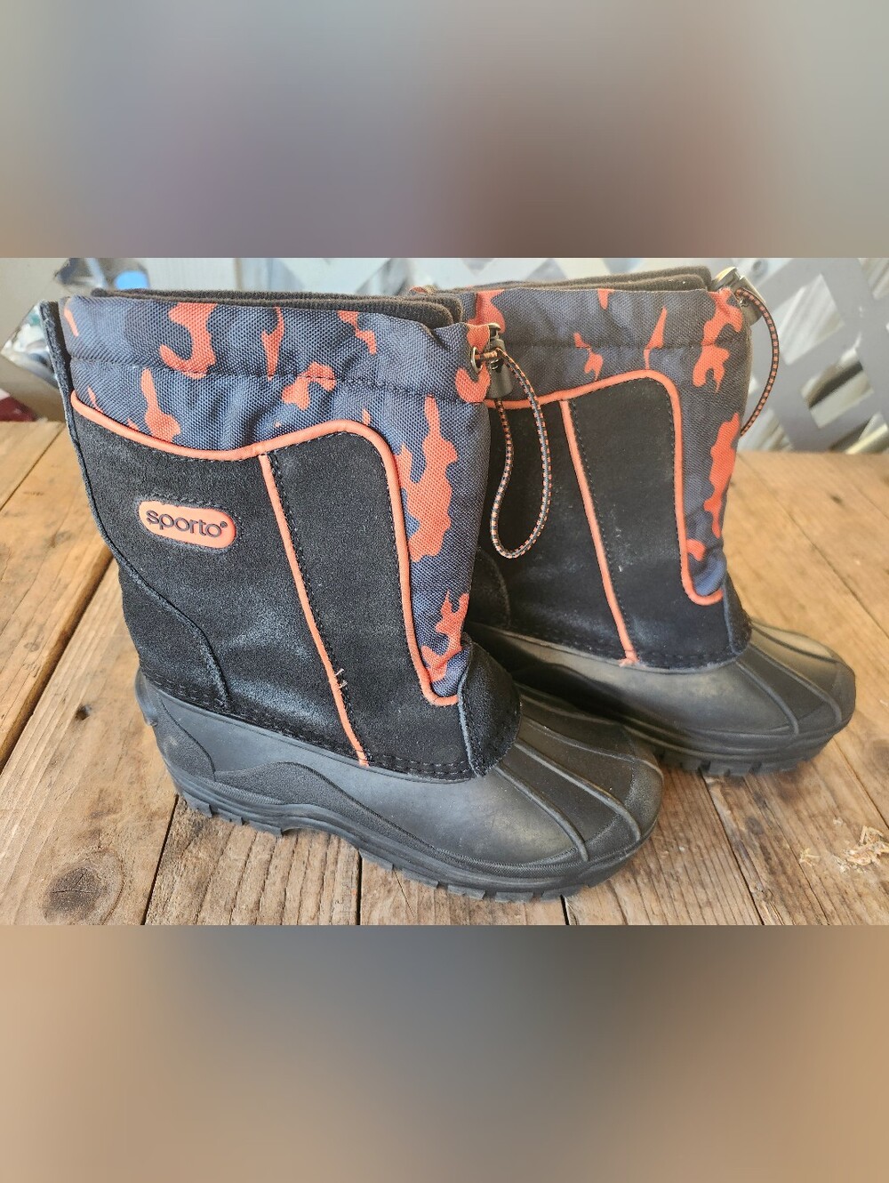 Sporto Kids Black Boots with Orange Camo Accents